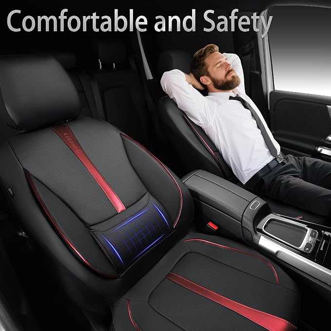 CAR PASS Nappa Leather Two Front Car Seat Covers, Water Resistant Faux PU Leather Seat Covers, 3D Foam Support Automotive Seat Covers Comfortable & Durable Universal Fit for Cars SUV Truck, Black Red