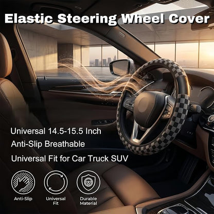 Checkered Gray Steering Wheel Cover Universal 15 Inch + 2 Car Coasters | Elastic Anti-Slip Breathable Fit for Car Truck SUV for Women Men