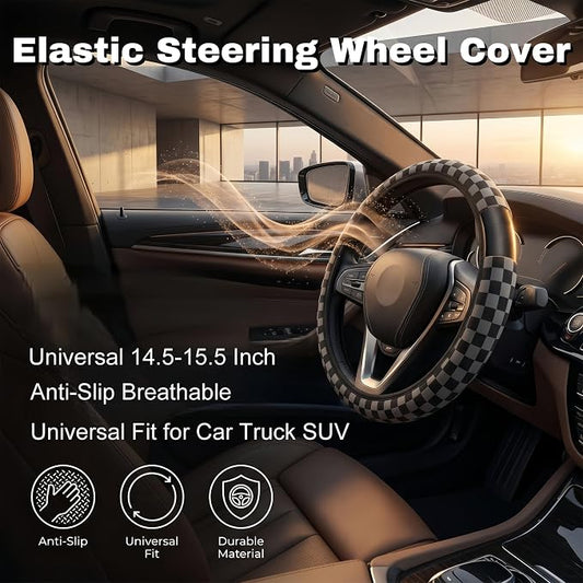 Checkered Gray Steering Wheel Cover Universal 15 Inch + 2 Car Coasters | Elastic Anti-Slip Breathable Fit for Car Truck SUV for Women Men