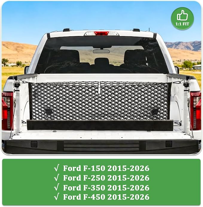 3-Layer Cargo Net for Ford F150 / F250 / F350 / F450 2015-2026, Zipper Bag Truck Bed Net for Groceries, Heavy Duty Oxford Cargo Organizer Storage Nets with Carabiners