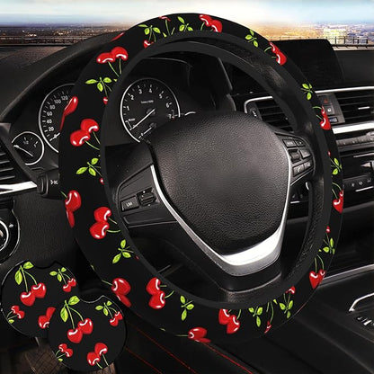Cherry Hearts Red Steering Wheel Cover + 2 Pc Cherry Hearts Car Coasters | Breathable Universal for 14-15 Inch Car Anti-Slip for Men Women