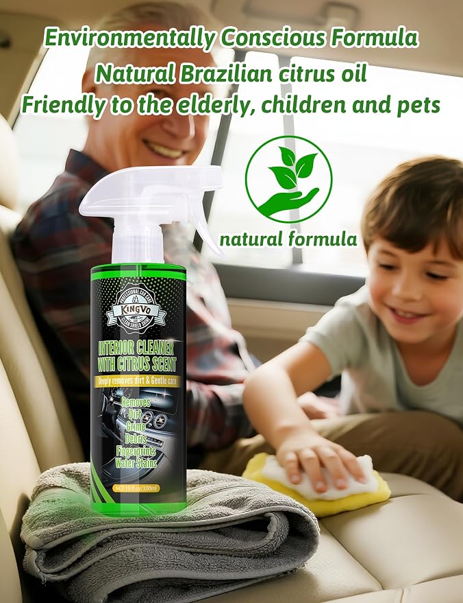 Car Interior Cleaner Spray, Multipurpose Leather Seat Cleaner Upholstery Car Cleaning Kit with Citrus Flavor Auto Dashboard Vinyl Detailing Supplies Kit,10 OZ