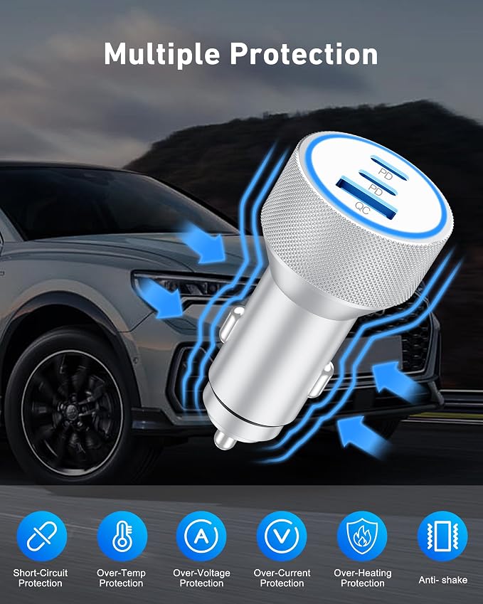 WODENTA for iPhone 17/16/15 Pro Max Car Charger, 67W 3-Port Fast USB C Car Charger Power Cigarette Lighter Adapter with 3FT USB C to C Cable for iPhone 17/17 Pro/Air/17e/16/15 Pro Max/Plus/16e, iPad