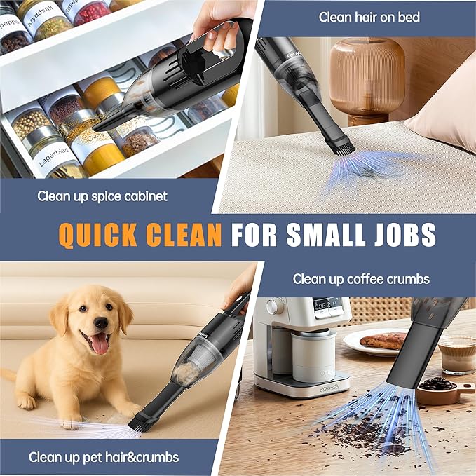 Handheld Car Vacuum Portable Cordless, Dust Buster Rechargeable High Power Suction, Mini Hand Held Vacuum Cleaner with Washable HEPA Filter, Multi-Nozzles, Lightweight Hand Vacuum for Car Home Office