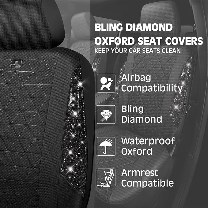 CAR PASS Oxford Bling Diamond Car Seat Covers Full Set Interior Sets, Waterproof Shining Glitter Sparkly Crystal Universal Armrest Fit 95% Automotive Truck SUV Cute Women Girl, All Black Rhinestone