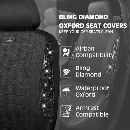 CAR PASS Oxford Bling Diamond Car Seat Covers Full Set Interior Sets, Waterproof Shining Glitter Sparkly Crystal Universal Armrest Fit 95% Automotive Truck SUV Cute Women Girl, All Black Rhinestone