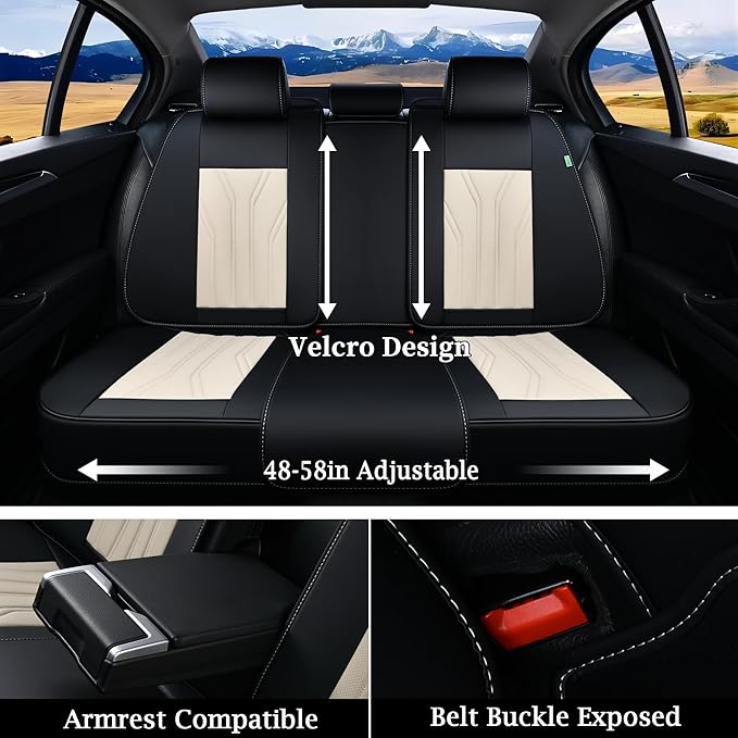 FLORICH Leather Seat Covers, Seat Covers Full Set, Car Seat Protectors 5 Seats, Automotive Seat Covers Fit for Most Cars Trucks SUV- Black&Beige
