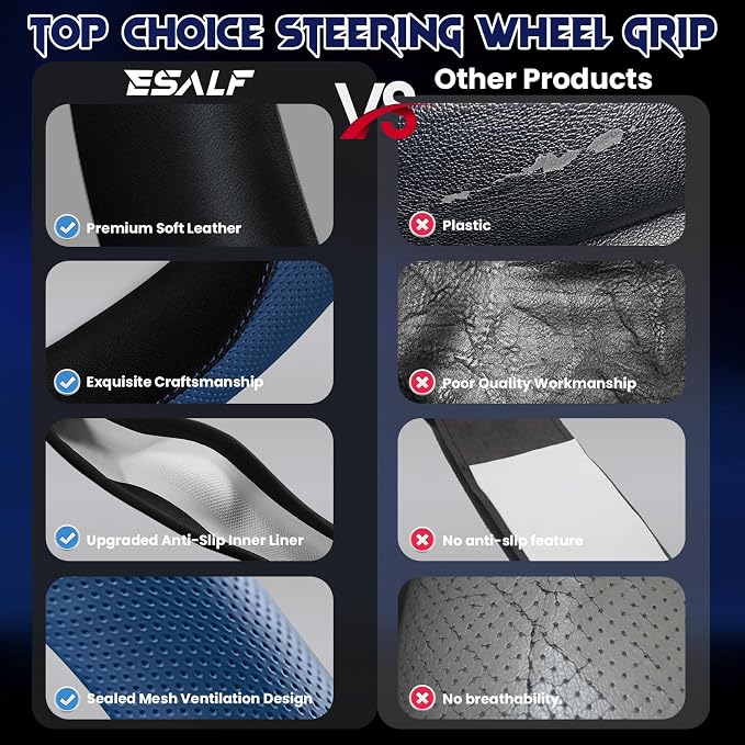Soft Leather Steering Wheel Cover with Breathable Design and Anti-Slip Grip, Fully Compatible with Tesla, Toyota, Honda, Nissan 14.5-15.2 inch Round Steering Wheel（Sedans and SUVs）