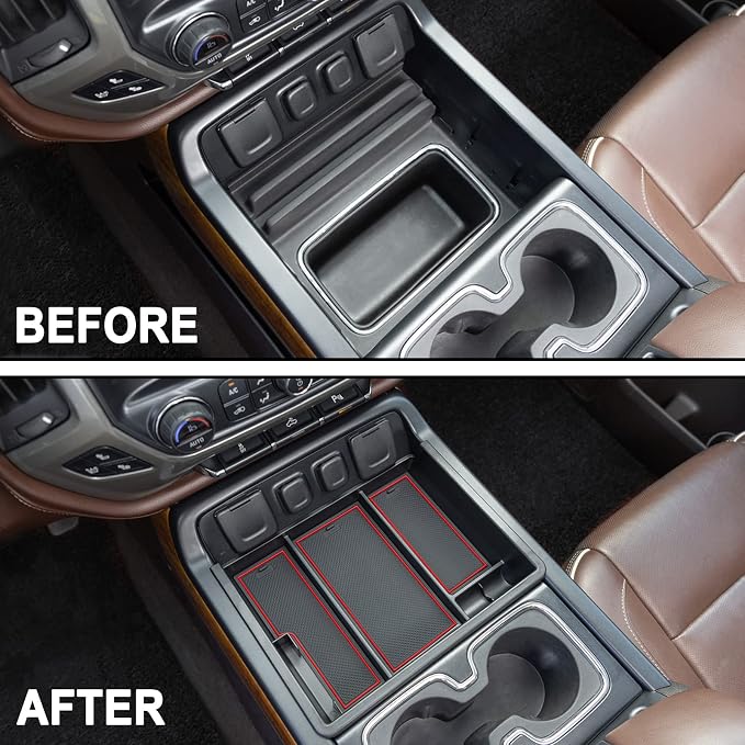 JKCOVER Center Console Organizer Compatible with Chevy Silverado/GMC Sierra 2014 2015 2016 2017 2018 1500/2500/3500HD Accessories Console Compartment Storage Tray -Bucket Seats ONLY (Red Trim)