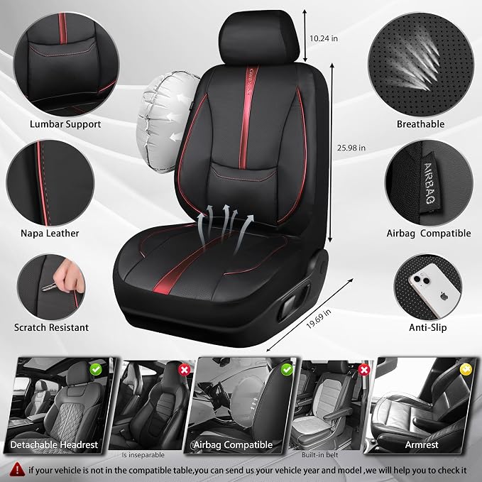 CAR PASS Nappa Leather Two Front Car Seat Covers, Water Resistant Faux PU Leather Seat Covers, 3D Foam Support Automotive Seat Covers Comfortable & Durable Universal Fit for Cars SUV Truck, Black Red