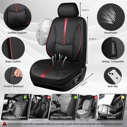 CAR PASS Nappa Leather Two Front Car Seat Covers, Water Resistant Faux PU Leather Seat Covers, 3D Foam Support Automotive Seat Covers Comfortable & Durable Universal Fit for Cars SUV Truck, Black Red