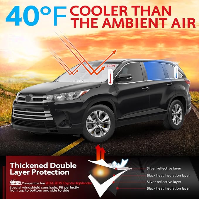 KAYZT Windshield Sun Shade for 2014-2019 Toyota Highlander SUV Foldable Sunshade Front Window Custom Fit Car Accessories