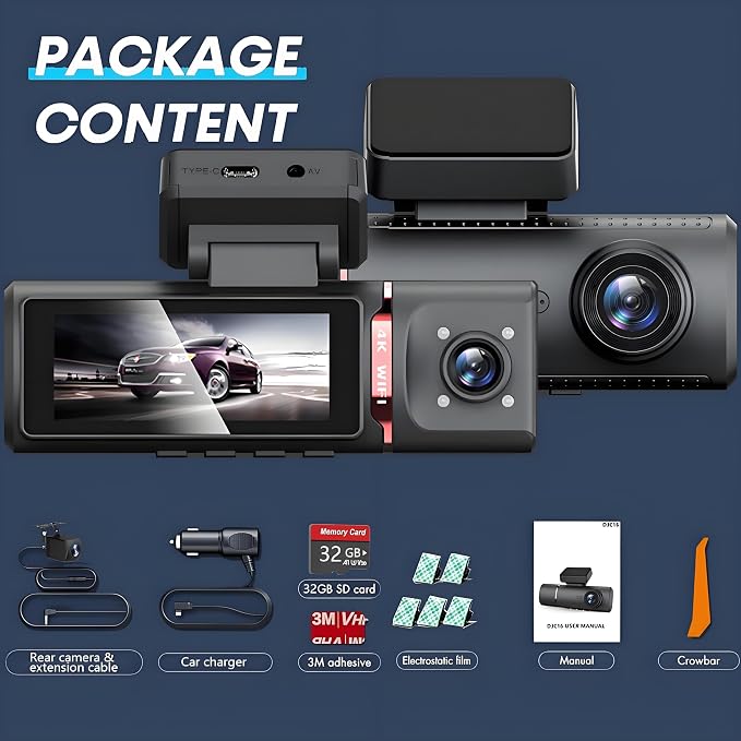3 Channel 4K WiFi Dash Cam, 4K+1080P+1080P Front Inside and Rear, Triple Dash Camera with 32GB Card, APP Control, G-Sensor, 24 Hours Parking Mode, Loop Recording, Night Vision