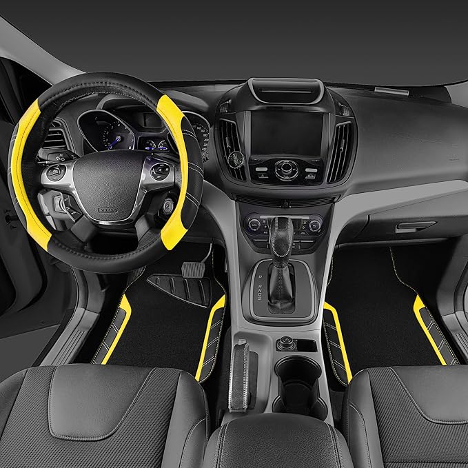 CAR PASS Leather Steering Wheel Cover and Waterproof Car Floor Mats,Microfiber Universal Car Combo Fit for 95% Sedan SUV Van Truck,14.5-15 inch Sporty Anti-Slip Safety Comfortable Design, Black＆Yellow