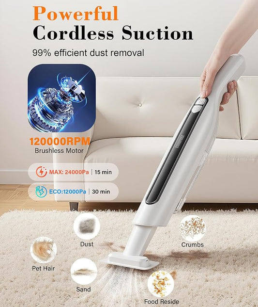 Cordless Handheld Vacuum,24KPA Powerful Hand Held Vacuum,Portable Rechargeable Car Vacuum Cleaner with Brushless Motor,Charging Dock and Washable Filter for Car,Home,Office,Pet Pair,White