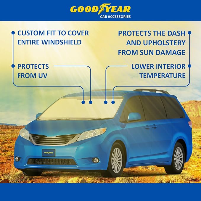 Goodyear Foldable Windshield Sunshade for Toyota Sienna 2011-2020, Car Accessories, Sunshade Cover, Sun Shade Car Windshield, Window Sun Blocker - GY008288