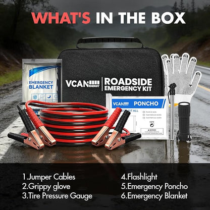 VCANENERGY Car Emergency Safety Kit Bag with Jumper Cables, Tire Pressure Gauge, Auto Vehicle Safety Road Side Assistance Kits Essentials,for Women, Men, Teen (Red)