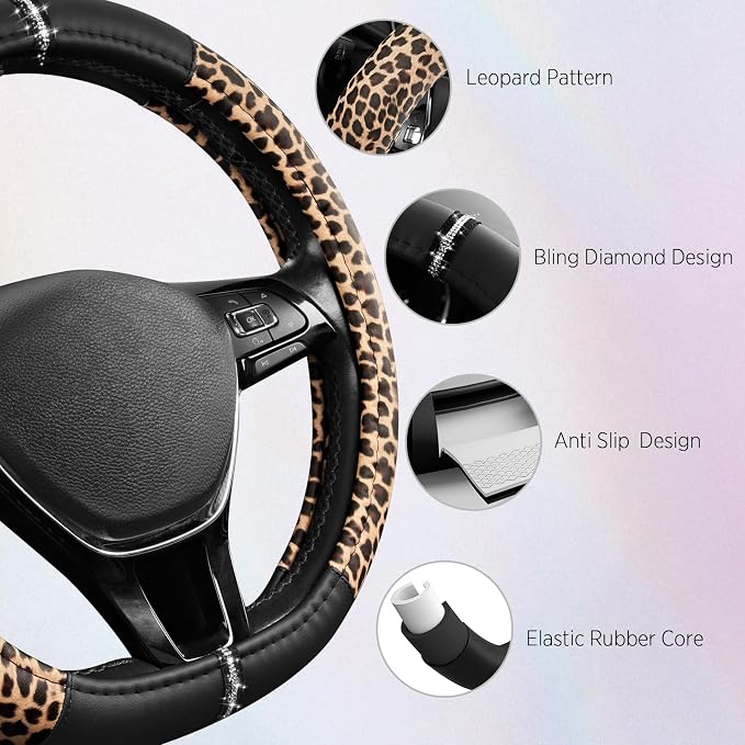 Road Comforts Leopard Steering Wheel Cover for Women, Cute Anti-Slip Microfiber Leather, Fits D Shape Flat Bottom Steering Wheel 14.5-15 Inch - Black