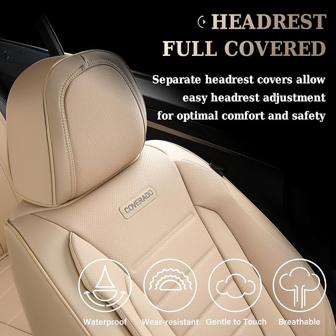 Coverado Front and Back Seat Covers for Cars, Nappa Leather Car Seat Covers, Automotive Seat Covers for Trucks, 5 Seats Waterproof Carseat Protector Car Seat Cover Beige, Universal Fit for Most Cars