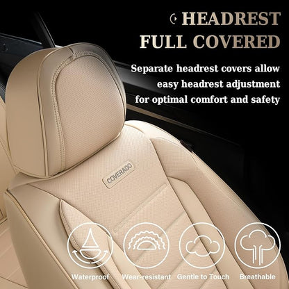 Coverado Front and Back Seat Covers for Cars, Nappa Leather Car Seat Covers, Automotive Seat Covers for Trucks, 5 Seats Waterproof Carseat Protector Car Seat Cover Beige, Universal Fit for Most Cars