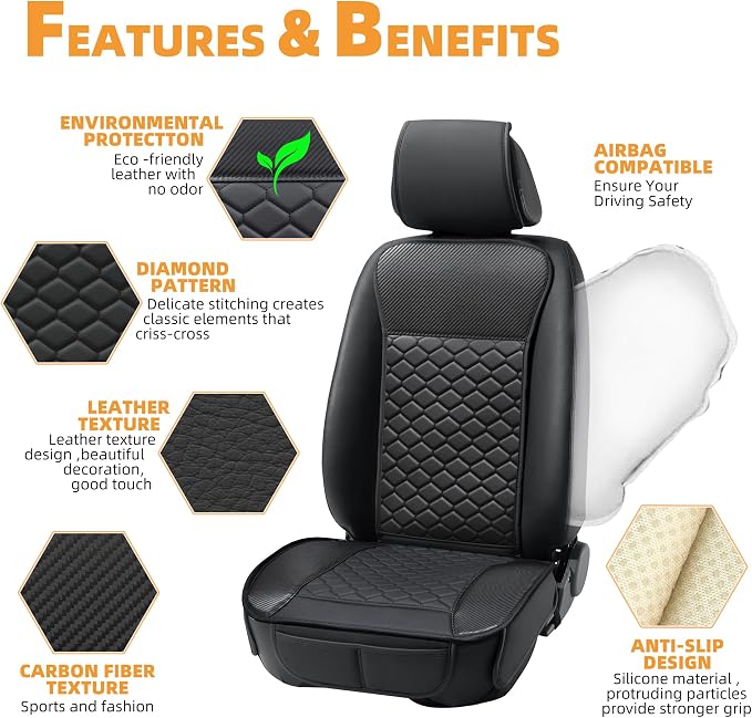 Elantrip 2PCs Front Car Seat Covers Leather Water Proof Seat Protector Universal fit for Most Cars SUVs and Trucks Carbon Fiber Black