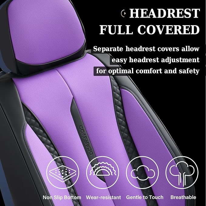 Coverado Car Seat Cover Full Set, Purple Seat Covers Front Seats Back Seat Covers, Nappa Leather Waterproof, Car Seat Cushion, Car Seat Protector Universal Fit Most Cars