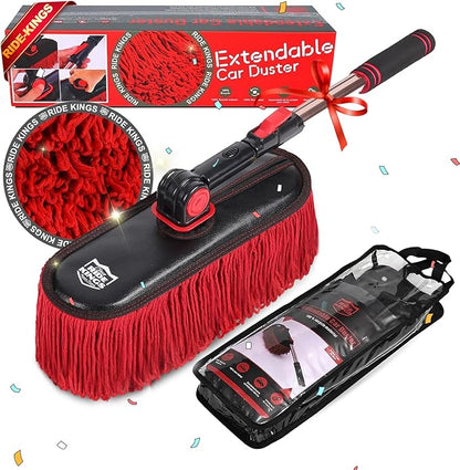 Car Duster Exterior with Extendable Handle, Scratch Free Auto Wash Brush Mop, Interior Detailing Kit for Truck RV Boat - 1PC Wax Cotton Duster, Bright Red