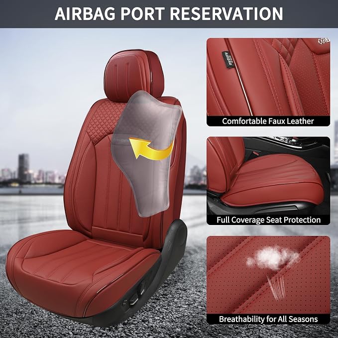 Red Seat Covers for Cars, 2Pcs Universal Leather Car Seat Covers Front Seats, Full Coverage Automotive Seat Covers for Most Sedans Trucks SUVs, Waterproof Breathable Car Seat Cover