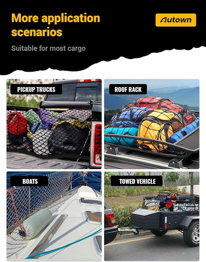 AUTOWN Cargo Net for Pickup Truck Bed - Stretchable 4'x4' to 7'x7', High Elastic Fine Mesh 1''x1'' with 8 Metal Carabiners - Ideal for ATV, SUV, UTV, Truck and Boat Use (Double Layer)