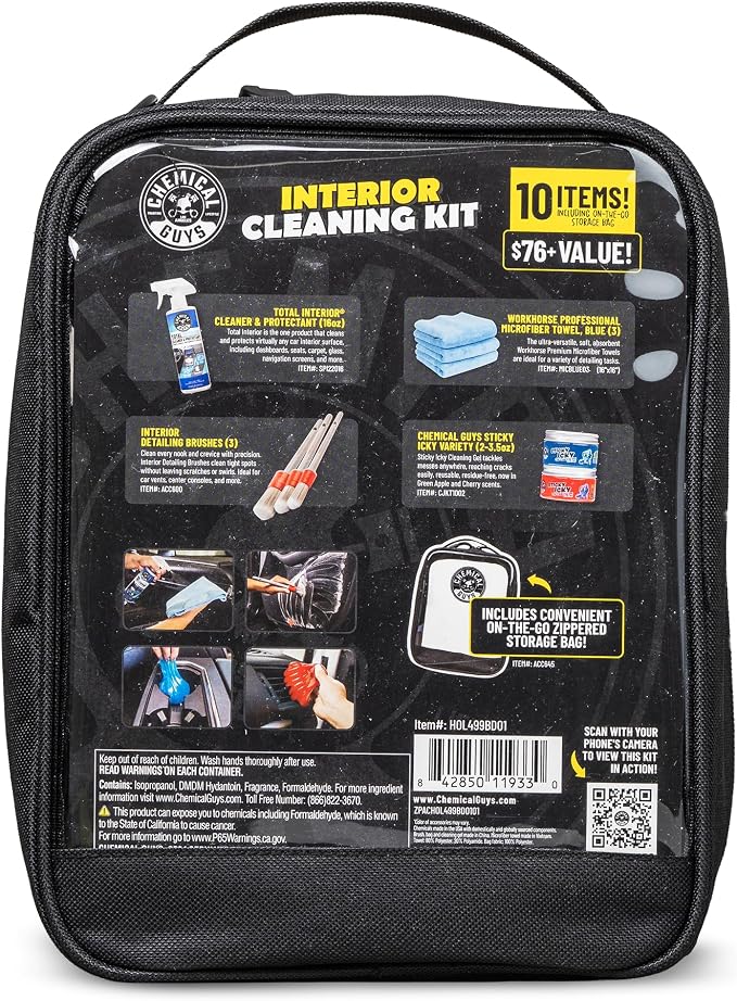 Chemical Guys Interior Cleaning Kit with Storage Bag Total Interior Cleaner Microfiber Towels Detailing Brushes and Sticky Gel Giftable Car Care Set - 10 Items