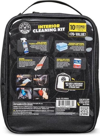 Chemical Guys Interior Cleaning Kit with Storage Bag Total Interior Cleaner Microfiber Towels Detailing Brushes and Sticky Gel Giftable Car Care Set - 10 Items