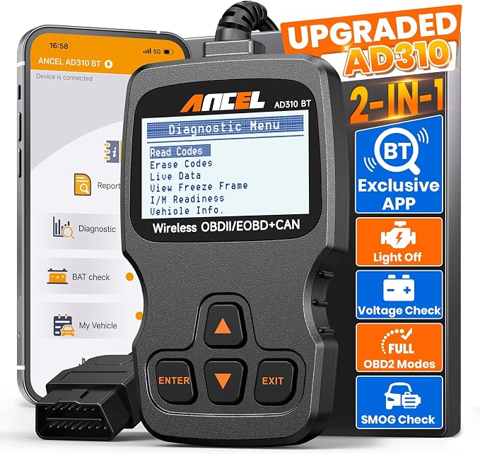 ANCEL AD310BT 2-in-1 Bluetooth OBD2 Scanner, Engine Code Reader for iPhone & Android, Battery Test, Trip Analysis, Performance Test, Car Diagnostic Tool for Most 1996+ OBD2 Vehicles