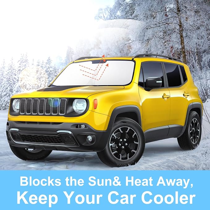 TINGLU Sun Shade for Jeep Renegade 2015-2024 Accessories Windshield Sun Shade Window Shade UV Rays Protection Sun Visor Cover with Steering Wheel Sunshade Storage Bag