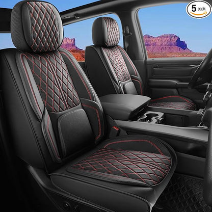 Custom Fit Chevy Silverado GMC Sierra 1500 2007-2026 2500/3500 HD Crew Cab Full Set Car Seat Covers - 5 Pack, Premium Faux Leather Truck Seat Protector with Airbag Compatible Design, BlackRedLine