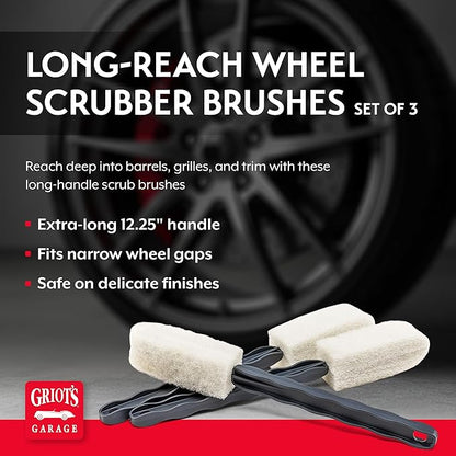 Griot's Garage Long-Reach Wheel Scrubber Brushes for Car Detailing Wheels, Tires, and Grillework, Exterior Auto Detail Products and Supplies, Set of 3, 12 1/4" Long, 15736