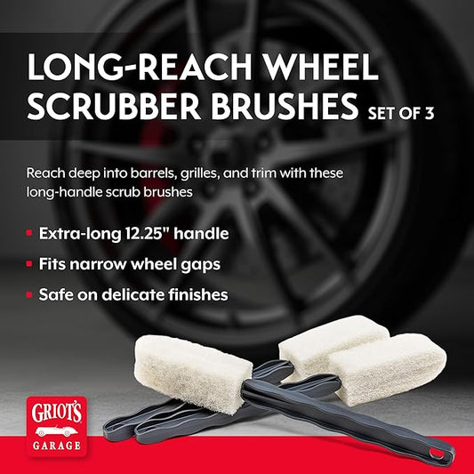 Griot's Garage Long-Reach Wheel Scrubber Brushes for Car Detailing Wheels, Tires, and Grillework, Exterior Auto Detail Products and Supplies, Set of 3, 12 1/4" Long, 15736