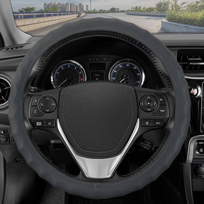 BDK Genuine Gray Leather Steering Wheel Cover for Car, Large 15.5-16 inch – Ergonomic Comfort Grip for Men & Women, Car Steering Wheel Cover for Vehicles with Large Steering Wheels