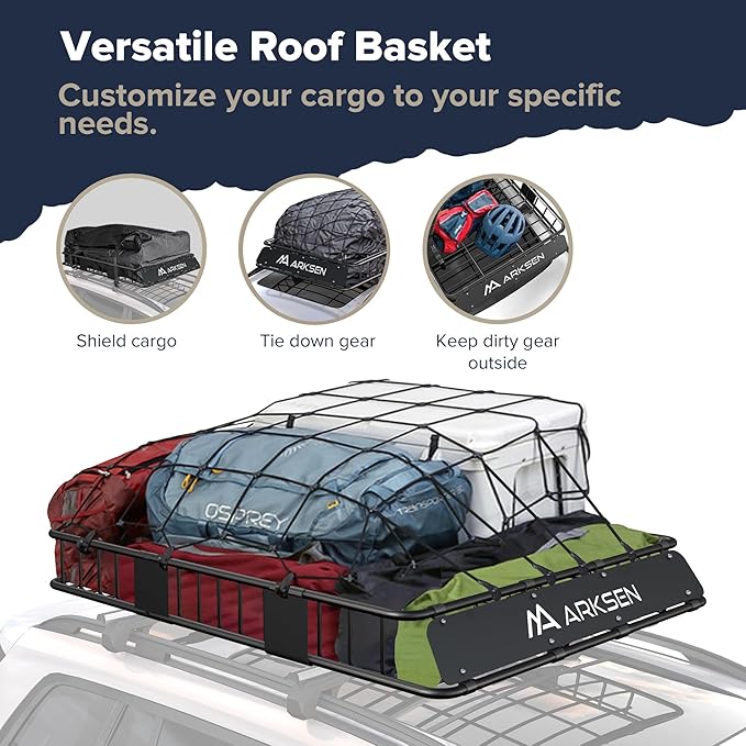 ARKSEN 64 x 50 x 6 Inch Universal Extra Wide 150LB Heavy Duty Roof Rack Cargo with 500D PVC Waterproof Cargo Bag, Car Top Luggage Holder Carrier Basket for SUV, Truck, & Car Steel Construction
