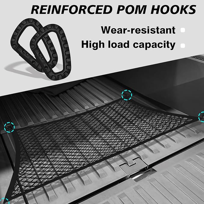 BestEvMod Cargo Mesh Net for Pickup Truck Bed Compatible with Tesla Cybertruck 2026 2025 2024 Accessories Mesh Extra Strong Hook Stretchable Trunk Organizer Cargo Net (Rear, Reinforced POM Hooks)