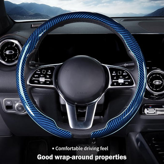 Car Steering Wheel Cover Carbon Fiber Snap On Steering Wheel Accessories Wrap 14.5-15 inch Universal Grip Anti-Skid Protector, Glossy Blue