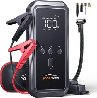 YaberAuto 9-in-1 Jump Starter with Air Compressor 6000A 150PSI Portable Car Battery Jump Starter (All Gas/10L Diesel), 12V Jump Box Car Battery Jumper Starter Portable with Jumper Cables, 160W DC Out