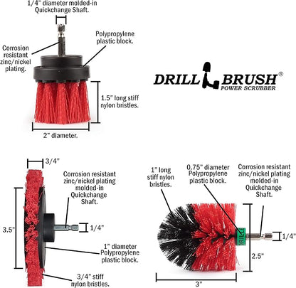 Red Stiff 3 Piece Outdoor Power Scrubber Brush Kit - Garden Patio Scrubbing Tool - Deck Cleaning Brush Set - Concrete Scrubbing Tool Set - Brick and Stone Outdoor Scrubber Kit