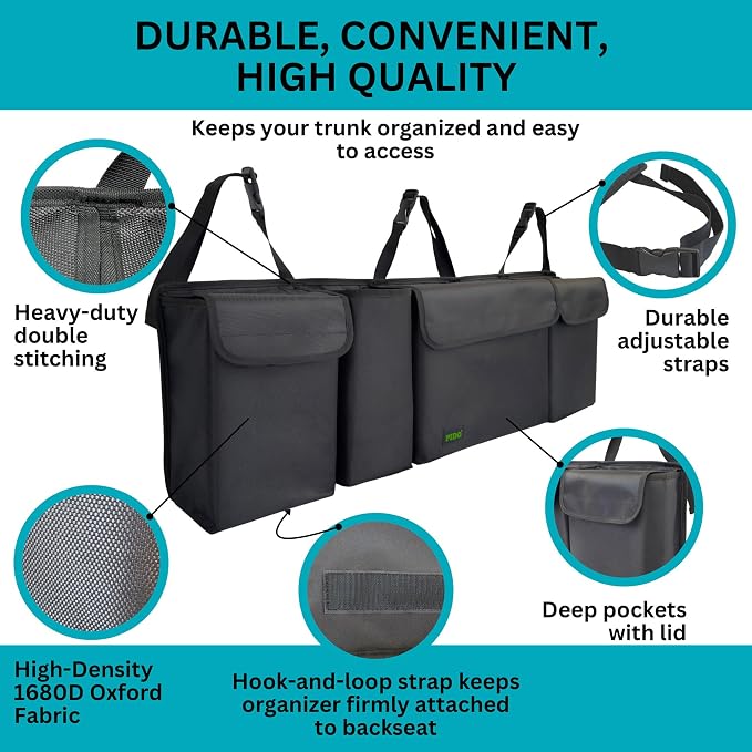 PIDO Hanging Trunk Organizer, Backseat Trunk Organizer for SUV, Hanging Car Storage Bag with Large Pockets for Sedan, Truck, Van, Upgraded Premium 1680D Oxford, Space Saving Car Interior Accessory
