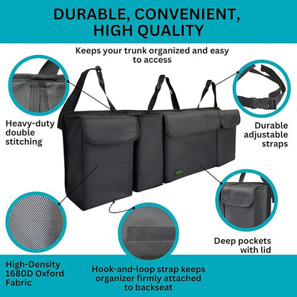PIDO Hanging Trunk Organizer, Backseat Trunk Organizer for SUV, Hanging Car Storage Bag with Large Pockets for Sedan, Truck, Van, Upgraded Premium 1680D Oxford, Space Saving Car Interior Accessory