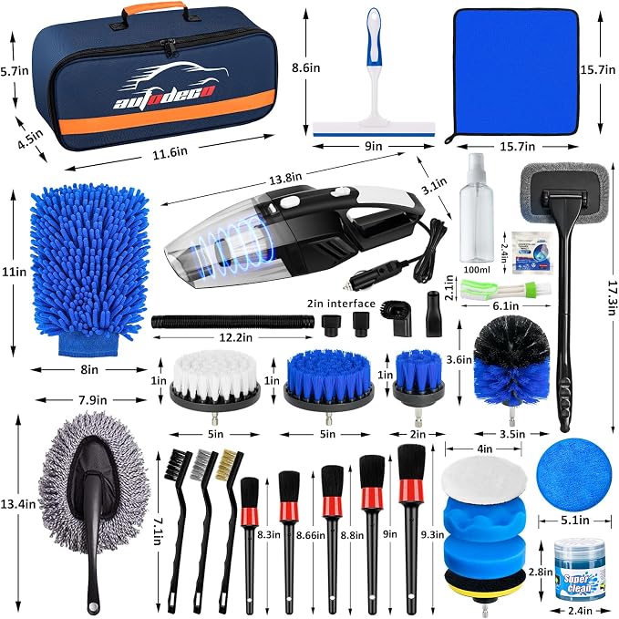 37Pcs Car Detailing Brush Set, Car Detailing Kit, Auto Detailing Drill Brush Set, Car Detailing Brushes, Car Wash Cleaning Tools Kit with Car Vacuum for Interior, Exterior, Wheels, Blue