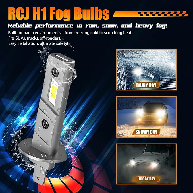 RCJ Fog Weather Light Bulbs, H1 Bulbs 6000K Cool White with Cooling Fan, Plug-N-Play, Pack of 2