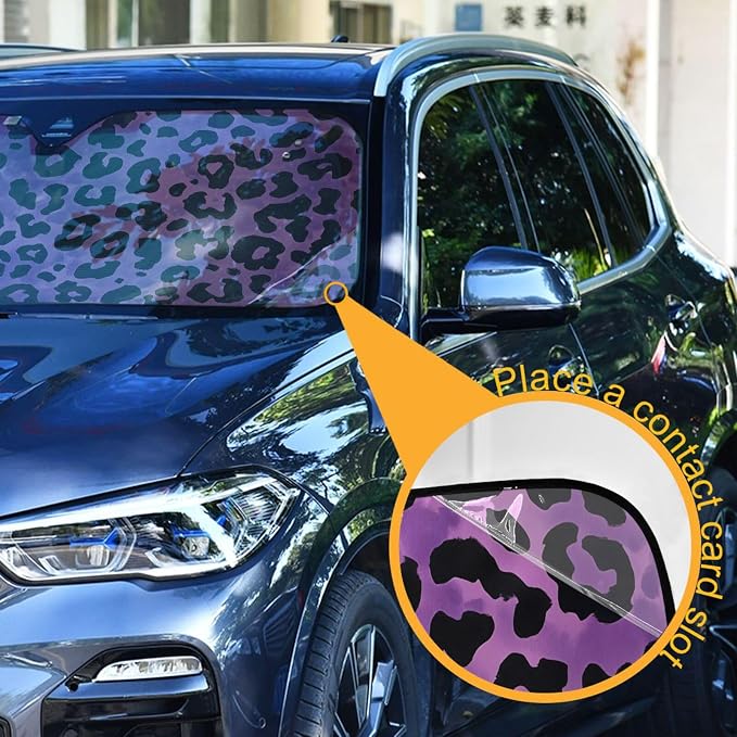 Windshield Sun Shade Purple Black Leopard Print Front Window Block UV Shades Visor Reflective Retractable for Car SUV Trucks