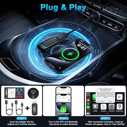 Android Auto Wireless Adapter and Wireless Carplay Adapter 2024 Upgrade,Plug & Play Apple Carplay Dongle Converts Factory Wired to Wireless CarPlay Adapter for iPhone with USB-A to USB-C/USB-A Cable