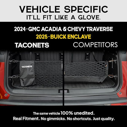 TacoNets Envelope Cargo Net for Acadia/Traverse/Enclave - Fits 2024-Current - Upgraded 5mm Bungee - Integrated Storage Bag - Heavy Duty Hooks - Designed in USA