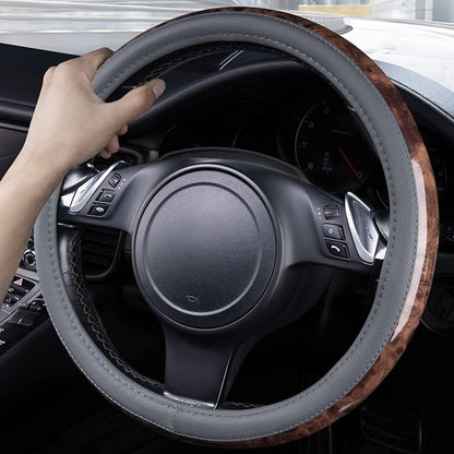 CAR PASS Wood Grain Microfiber Leather Steering Wheel Cover, Universal Fit for 14 1/2-15 inch Gray Steering Wheel, Anti-Slip Veins Design,Cars, Suvs,Minivans, Sedans (Gray)